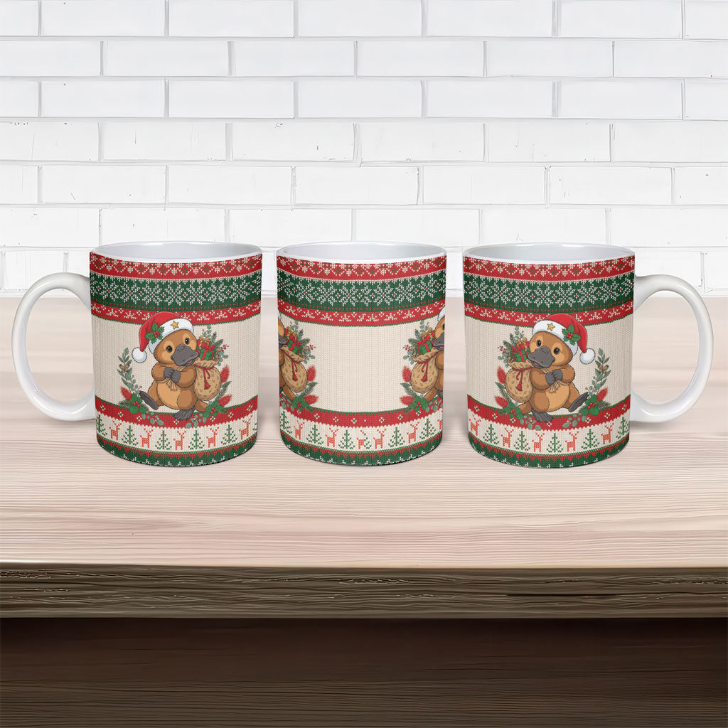 Aussie Platypus Christmas Ceramic Mug Festive Knitted Pattern Inspired