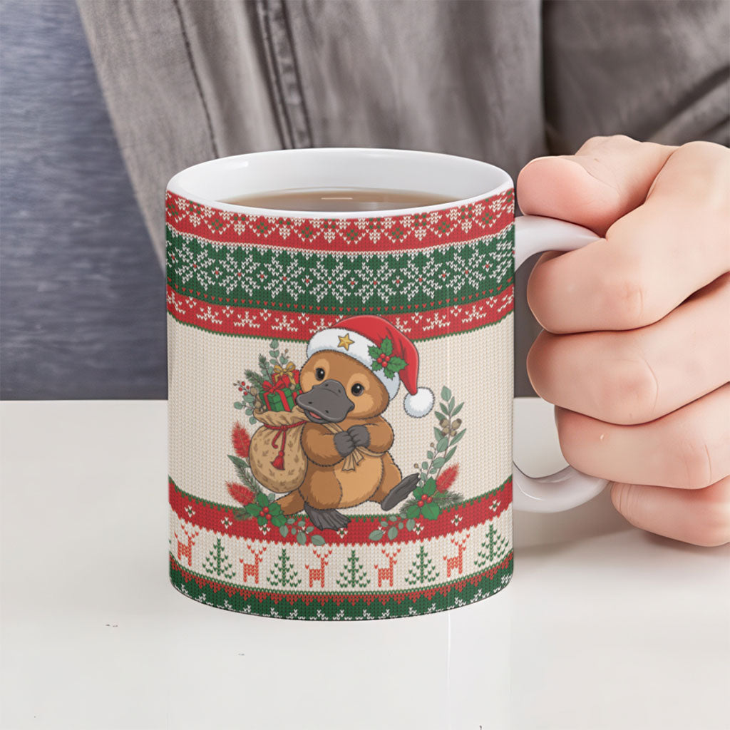 Aussie Platypus Christmas Ceramic Mug Festive Knitted Pattern Inspired