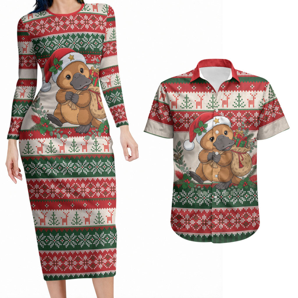 Aussie Platypus Christmas Couples Matching Long Sleeve Bodycon Dress and Hawaiian Shirt Festive Knitted Pattern Inspired