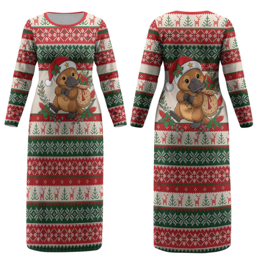 Aussie Platypus Christmas Couples Matching Long Sleeve Bodycon Dress and Hawaiian Shirt Festive Knitted Pattern Inspired