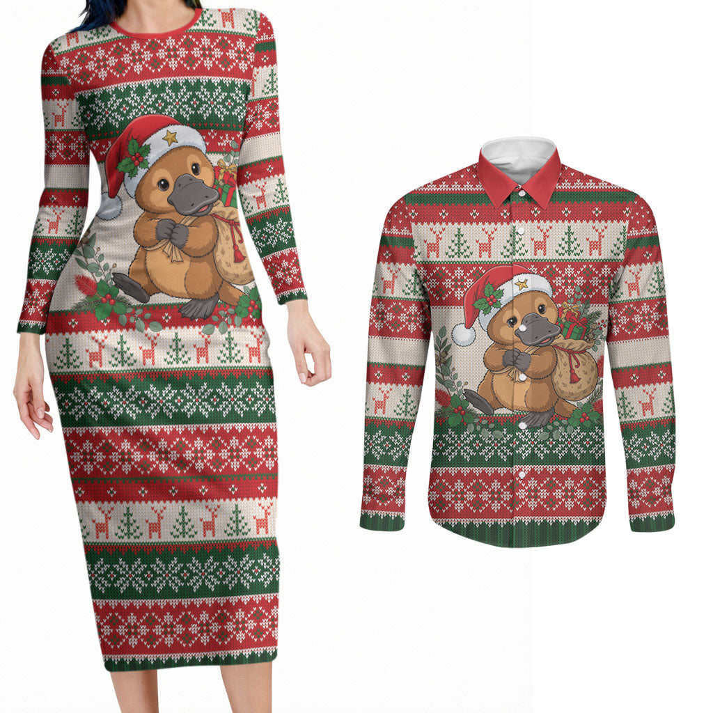 Aussie Platypus Christmas Couples Matching Long Sleeve Bodycon Dress and Long Sleeve Button Shirt Festive Knitted Pattern Inspired