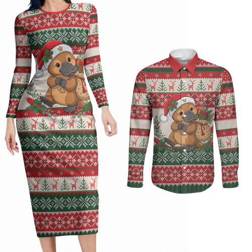 Aussie Platypus Christmas Couples Matching Long Sleeve Bodycon Dress and Long Sleeve Button Shirt Festive Knitted Pattern Inspired