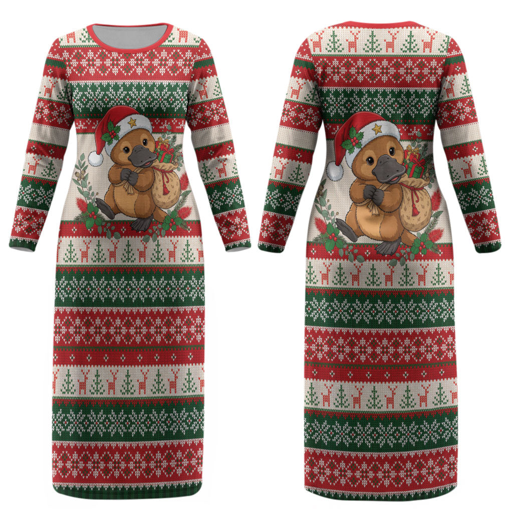 Aussie Platypus Christmas Couples Matching Long Sleeve Bodycon Dress and Long Sleeve Button Shirt Festive Knitted Pattern Inspired