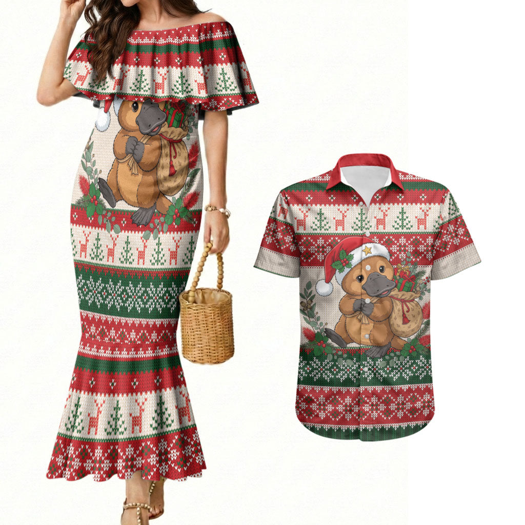 Aussie Platypus Christmas Couples Matching Mermaid Dress and Hawaiian Shirt Festive Knitted Pattern Inspired
