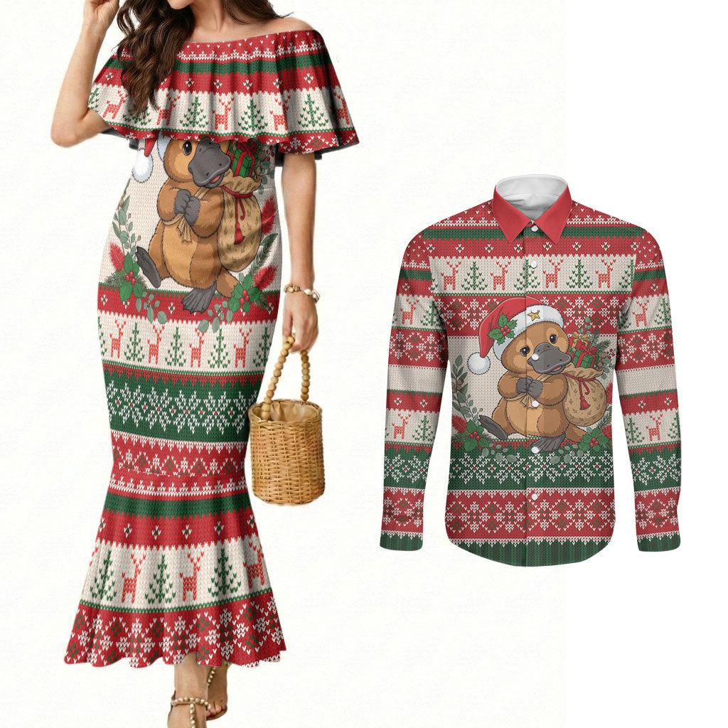 Aussie Platypus Christmas Couples Matching Mermaid Dress and Long Sleeve Button Shirt Festive Knitted Pattern Inspired