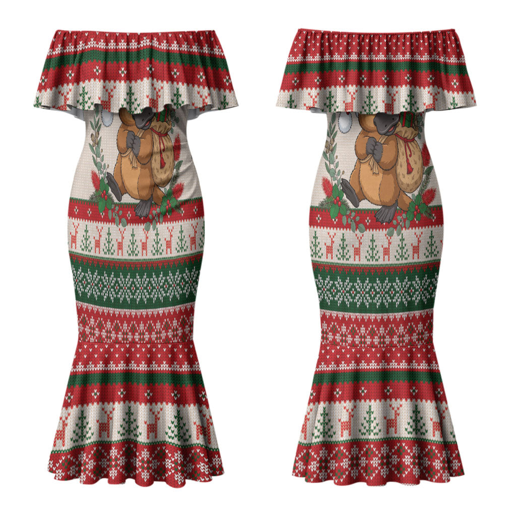 Aussie Platypus Christmas Couples Matching Mermaid Dress and Long Sleeve Button Shirt Festive Knitted Pattern Inspired