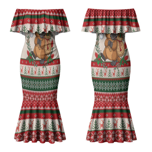 Aussie Platypus Christmas Couples Matching Mermaid Dress and Long Sleeve Button Shirt Festive Knitted Pattern Inspired