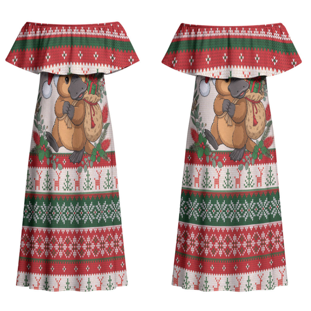 Aussie Platypus Christmas Couples Matching Off Shoulder Maxi Dress and Long Sleeve Button Shirt Festive Knitted Pattern Inspired