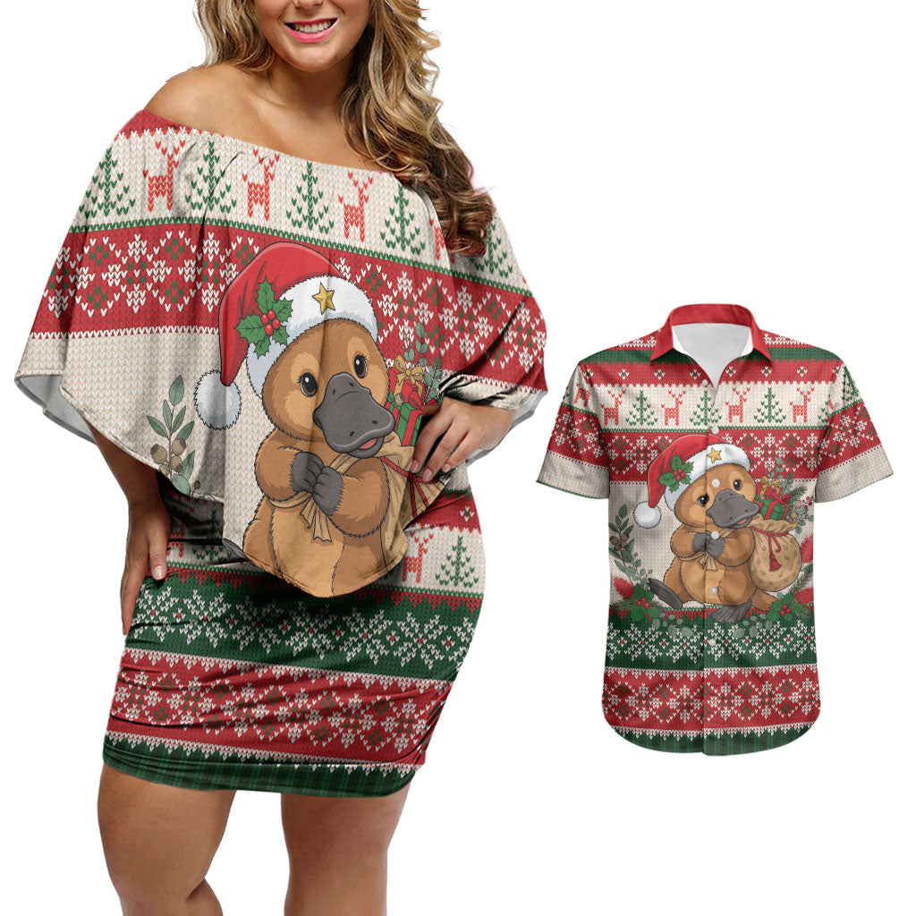 Aussie Platypus Christmas Couples Matching Off Shoulder Short Dress and Hawaiian Shirt Festive Knitted Pattern Inspired