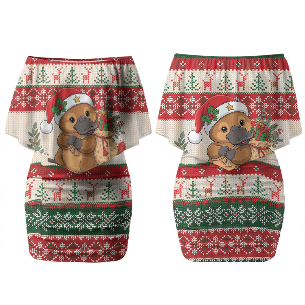 Aussie Platypus Christmas Couples Matching Off Shoulder Short Dress and Hawaiian Shirt Festive Knitted Pattern Inspired