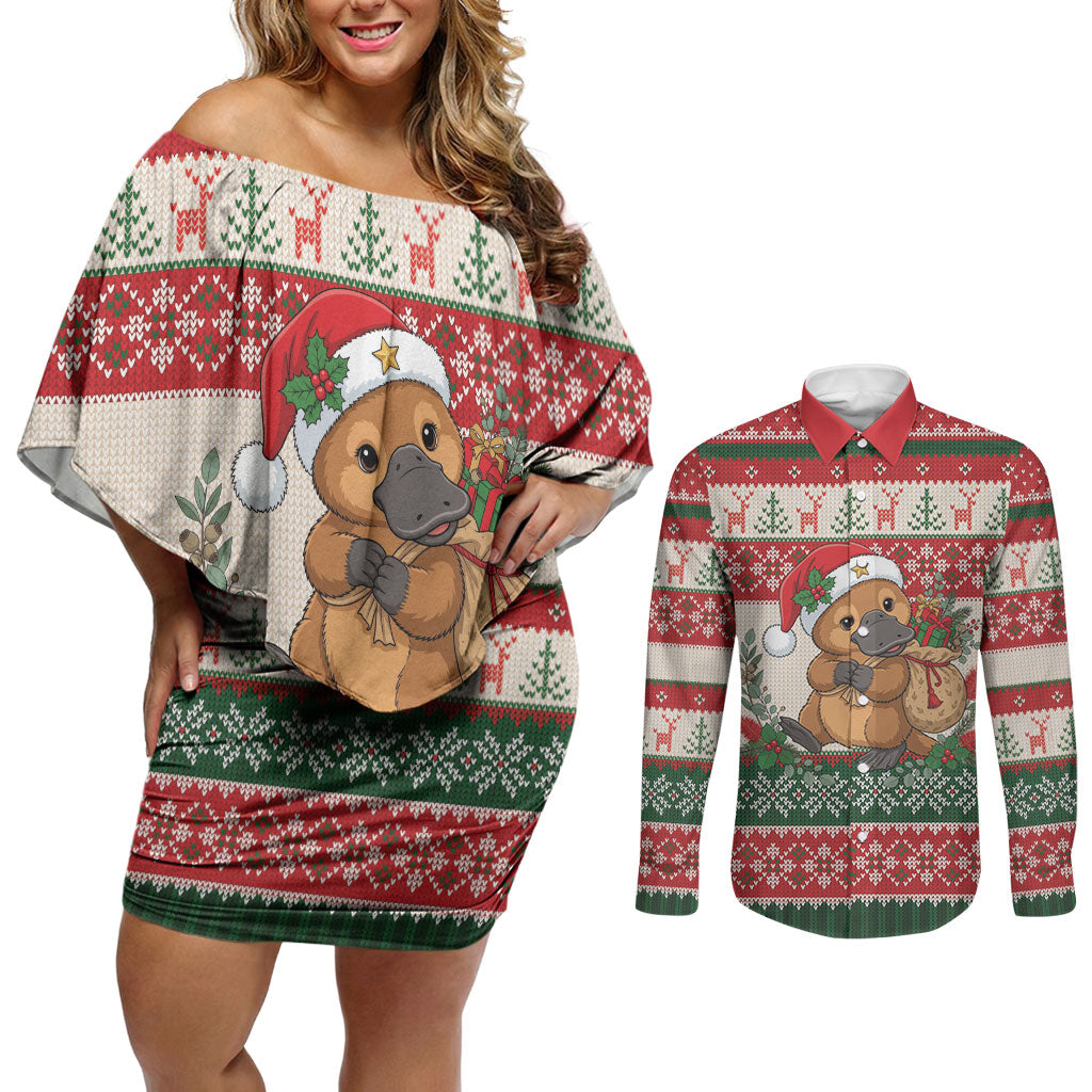 Aussie Platypus Christmas Couples Matching Off Shoulder Short Dress and Long Sleeve Button Shirt Festive Knitted Pattern Inspired