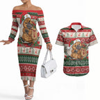 Aussie Platypus Christmas Couples Matching Off The Shoulder Long Sleeve Dress and Hawaiian Shirt Festive Knitted Pattern Inspired