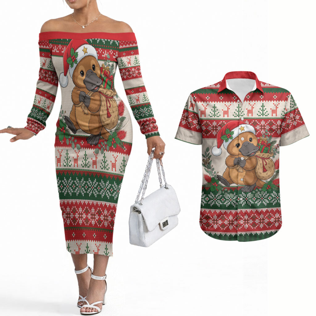 Aussie Platypus Christmas Couples Matching Off The Shoulder Long Sleeve Dress and Hawaiian Shirt Festive Knitted Pattern Inspired