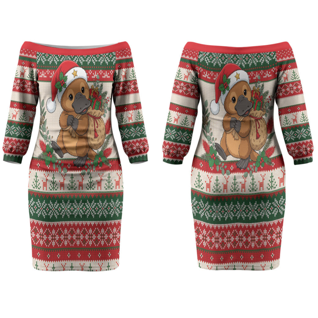 Aussie Platypus Christmas Couples Matching Off The Shoulder Long Sleeve Dress and Hawaiian Shirt Festive Knitted Pattern Inspired