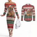 Aussie Platypus Christmas Couples Matching Off The Shoulder Long Sleeve Dress and Long Sleeve Button Shirt Festive Knitted Pattern Inspired