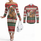 Aussie Platypus Christmas Couples Matching Off The Shoulder Long Sleeve Dress and Long Sleeve Button Shirt Festive Knitted Pattern Inspired