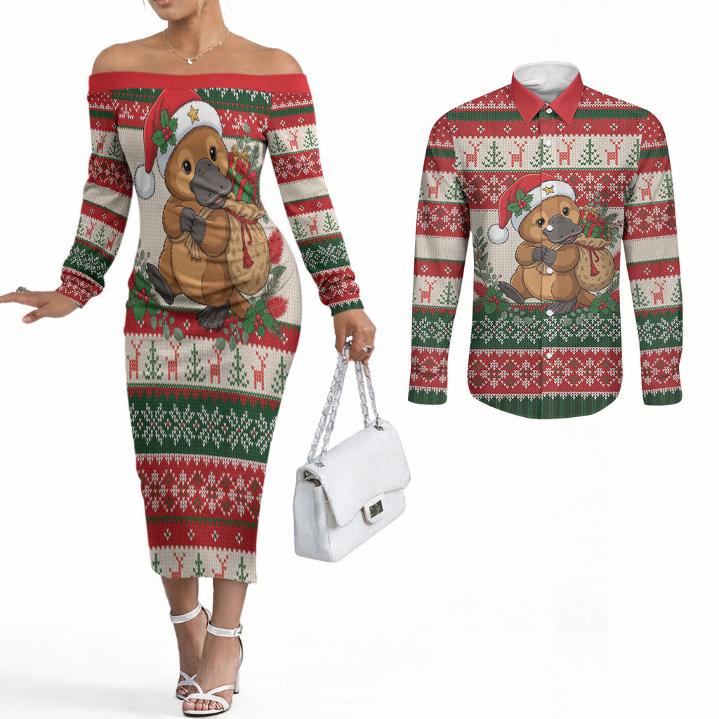 Aussie Platypus Christmas Couples Matching Off The Shoulder Long Sleeve Dress and Long Sleeve Button Shirt Festive Knitted Pattern Inspired