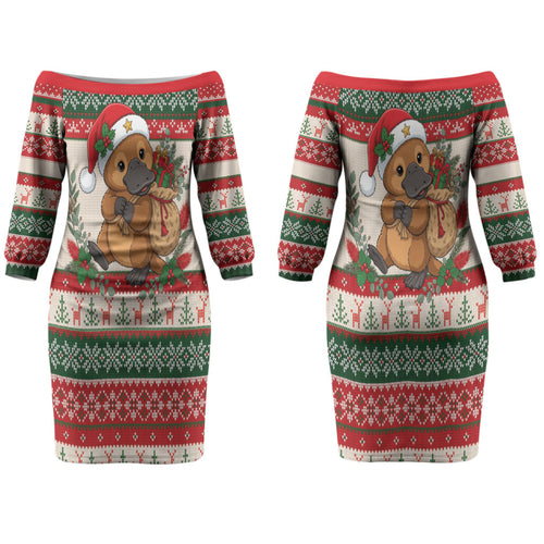 Aussie Platypus Christmas Couples Matching Off The Shoulder Long Sleeve Dress and Long Sleeve Button Shirt Festive Knitted Pattern Inspired