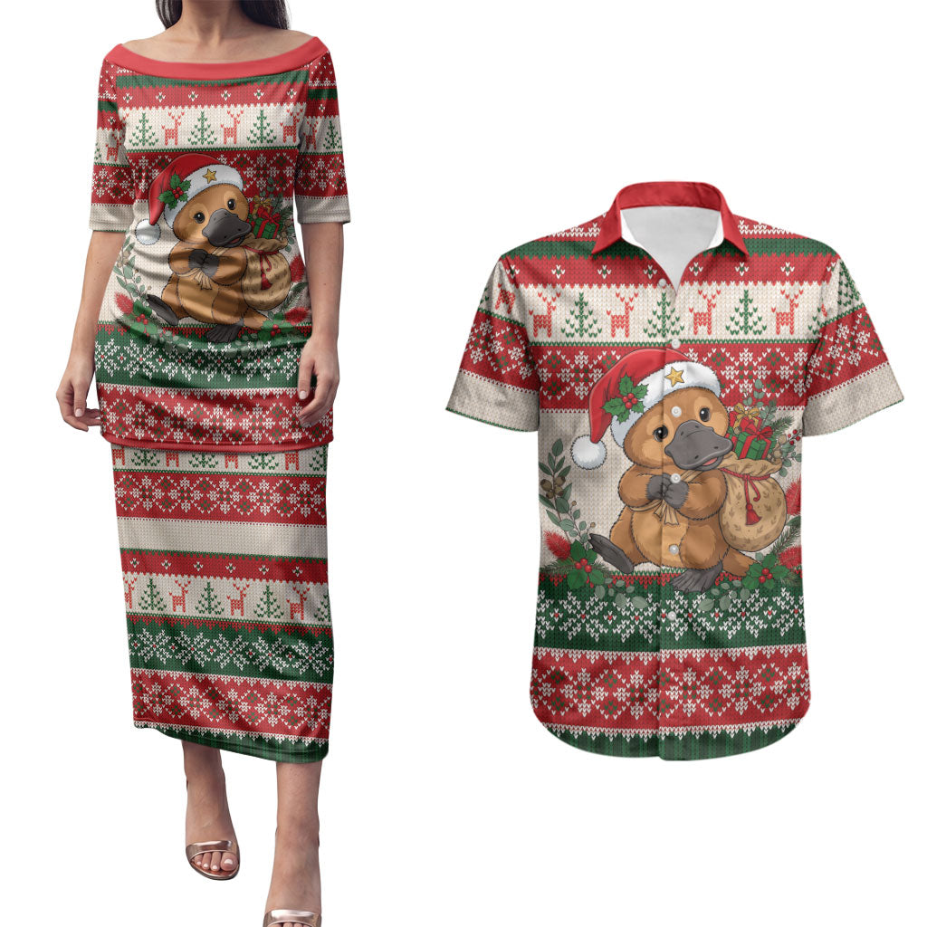 Aussie Platypus Christmas Couples Matching Puletasi and Hawaiian Shirt Festive Knitted Pattern Inspired