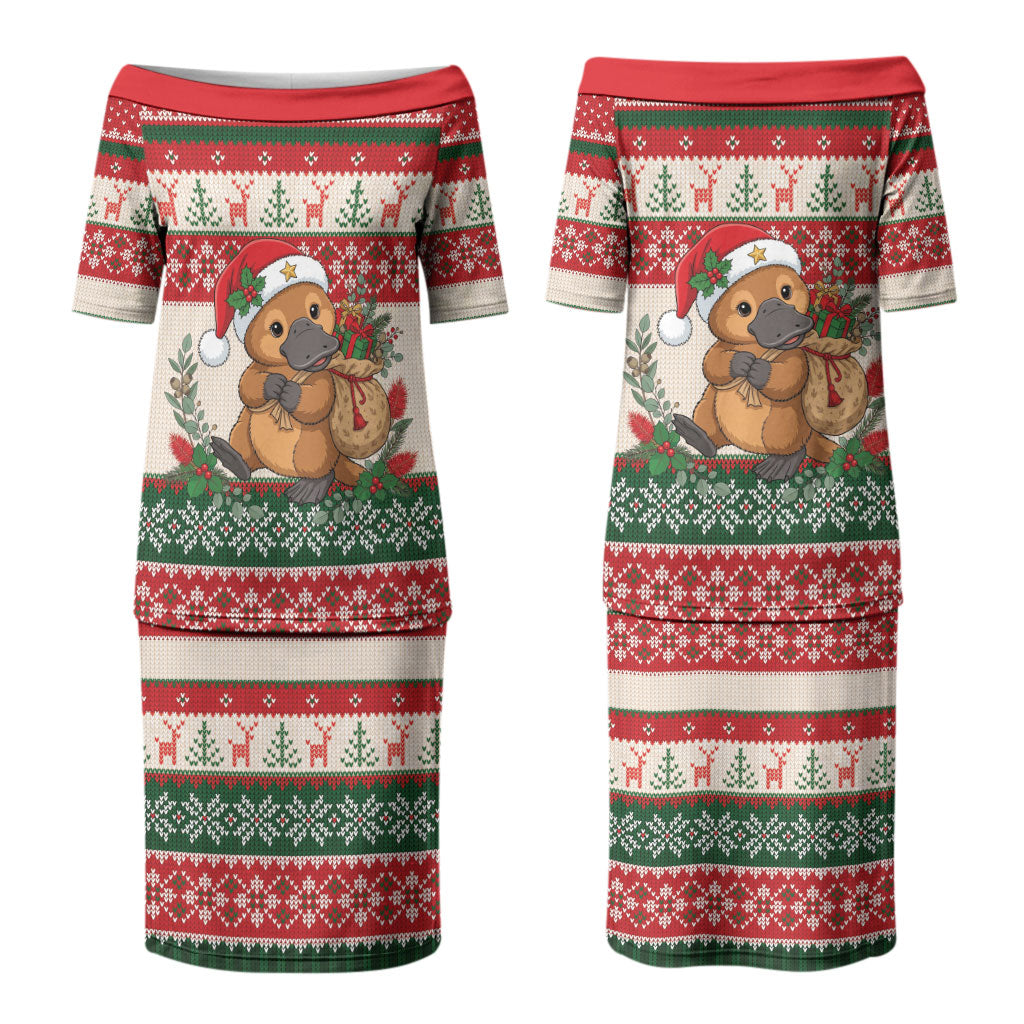 Aussie Platypus Christmas Couples Matching Puletasi and Hawaiian Shirt Festive Knitted Pattern Inspired