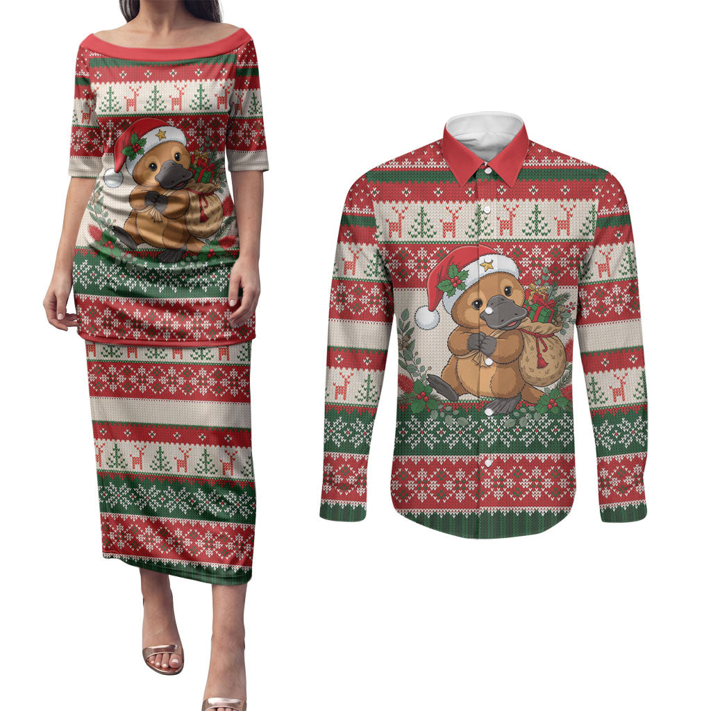 Aussie Platypus Christmas Couples Matching Puletasi and Long Sleeve Button Shirt Festive Knitted Pattern Inspired