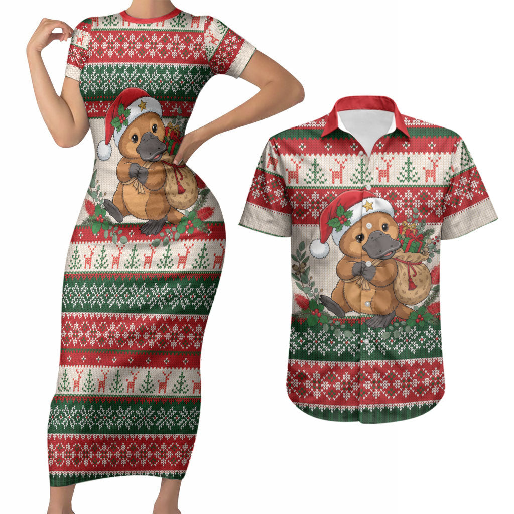 Aussie Platypus Christmas Couples Matching Short Sleeve Bodycon Dress and Hawaiian Shirt Festive Knitted Pattern Inspired