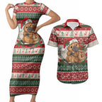 Aussie Platypus Christmas Couples Matching Short Sleeve Bodycon Dress and Hawaiian Shirt Festive Knitted Pattern Inspired