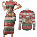 Aussie Platypus Christmas Couples Matching Short Sleeve Bodycon Dress and Long Sleeve Button Shirt Festive Knitted Pattern Inspired