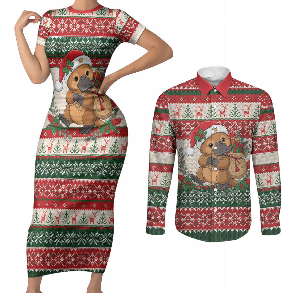 Aussie Platypus Christmas Couples Matching Short Sleeve Bodycon Dress and Long Sleeve Button Shirt Festive Knitted Pattern Inspired
