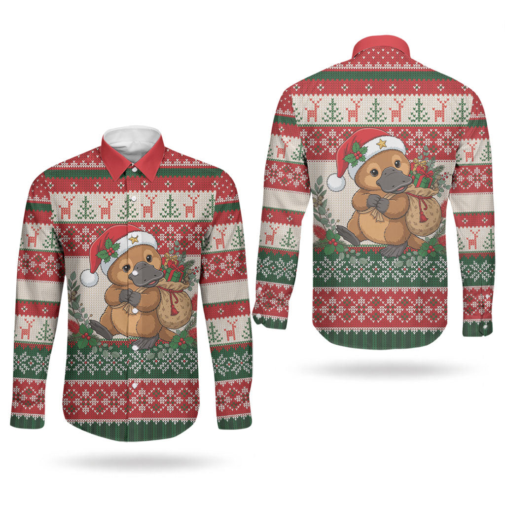 Aussie Platypus Christmas Couples Matching Short Sleeve Bodycon Dress and Long Sleeve Button Shirt Festive Knitted Pattern Inspired