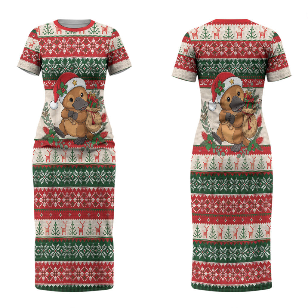 Aussie Platypus Christmas Couples Matching Short Sleeve Bodycon Dress and Long Sleeve Button Shirt Festive Knitted Pattern Inspired
