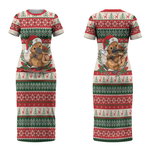 Aussie Platypus Christmas Couples Matching Short Sleeve Bodycon Dress and Long Sleeve Button Shirt Festive Knitted Pattern Inspired