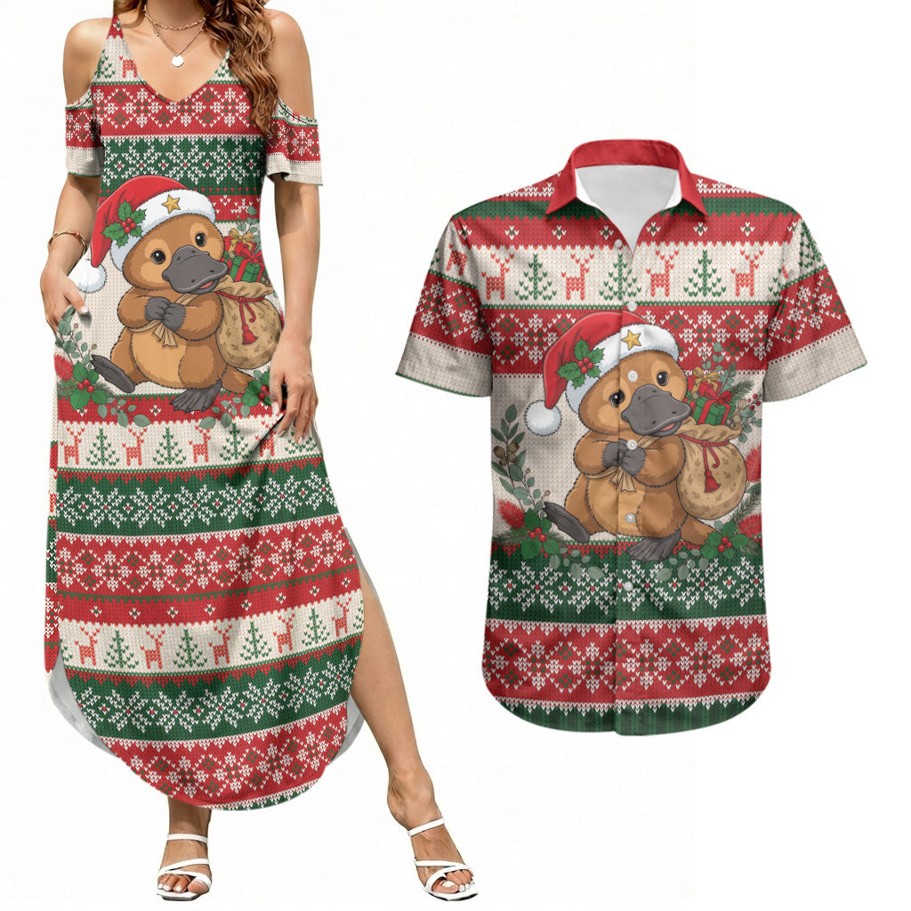 Aussie Platypus Christmas Couples Matching Summer Maxi Dress and Hawaiian Shirt Festive Knitted Pattern Inspired