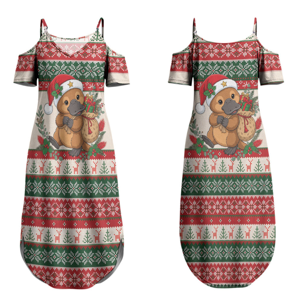 Aussie Platypus Christmas Couples Matching Summer Maxi Dress and Hawaiian Shirt Festive Knitted Pattern Inspired