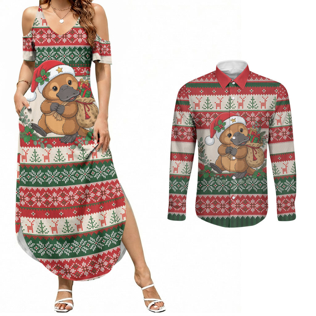 Aussie Platypus Christmas Couples Matching Summer Maxi Dress and Long Sleeve Button Shirt Festive Knitted Pattern Inspired