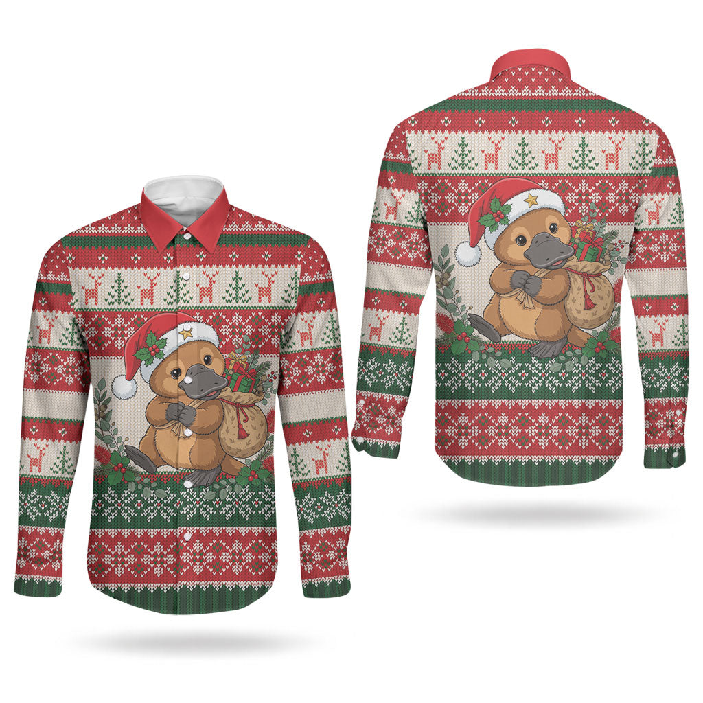 Aussie Platypus Christmas Couples Matching Summer Maxi Dress and Long Sleeve Button Shirt Festive Knitted Pattern Inspired