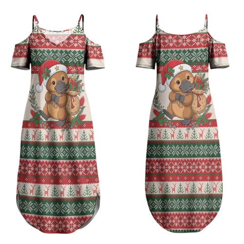 Aussie Platypus Christmas Couples Matching Summer Maxi Dress and Long Sleeve Button Shirt Festive Knitted Pattern Inspired