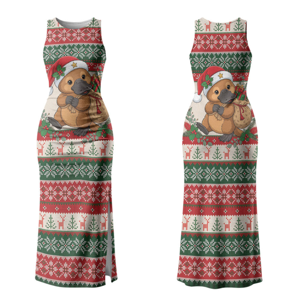 Aussie Platypus Christmas Couples Matching Tank Maxi Dress and Long Sleeve Button Shirt Festive Knitted Pattern Inspired