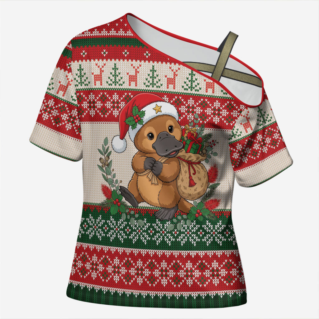 Aussie Platypus Christmas Cross Shoulder Shirt Festive Knitted Pattern Inspired