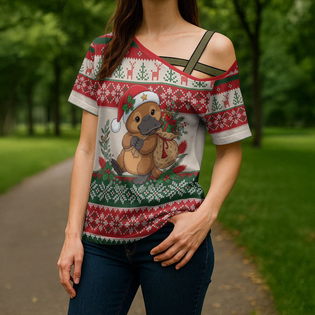 Aussie Platypus Christmas Cross Shoulder Shirt Festive Knitted Pattern Inspired