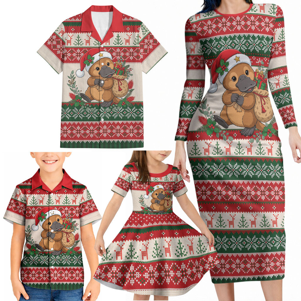 Aussie Platypus Christmas Family Matching Long Sleeve Bodycon Dress and Hawaiian Shirt Festive Knitted Pattern Inspired