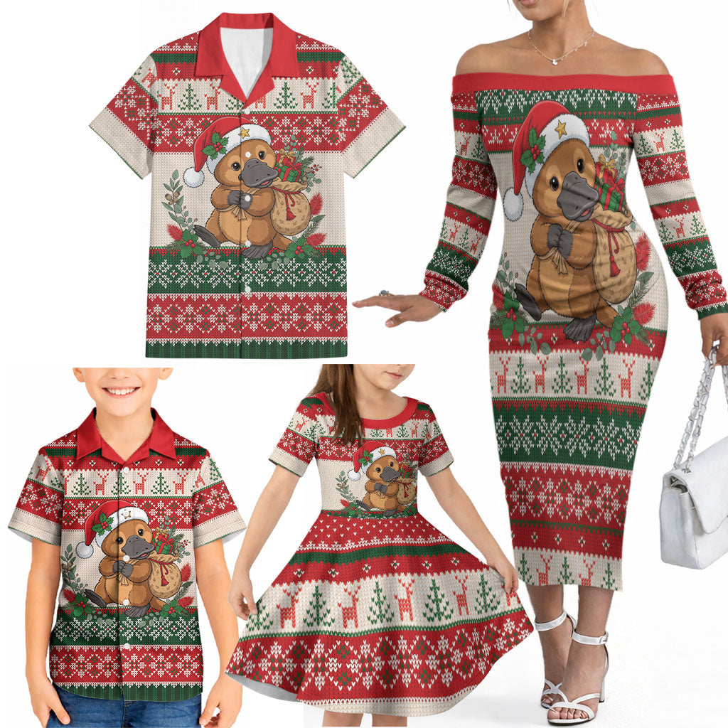 Aussie Platypus Christmas Family Matching Off The Shoulder Long Sleeve Dress and Hawaiian Shirt Festive Knitted Pattern Inspired