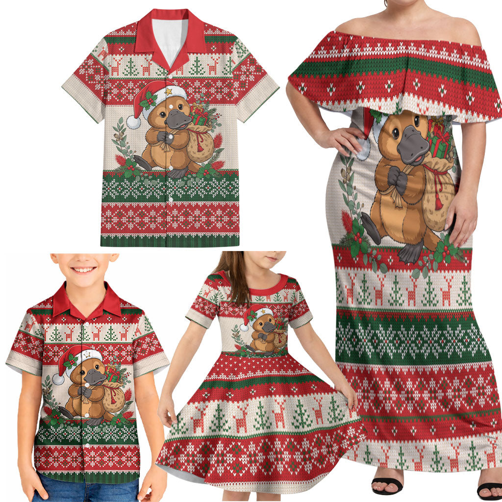 Aussie Platypus Christmas Family Matching Off Shoulder Maxi Dress and Hawaiian Shirt Festive Knitted Pattern Inspired