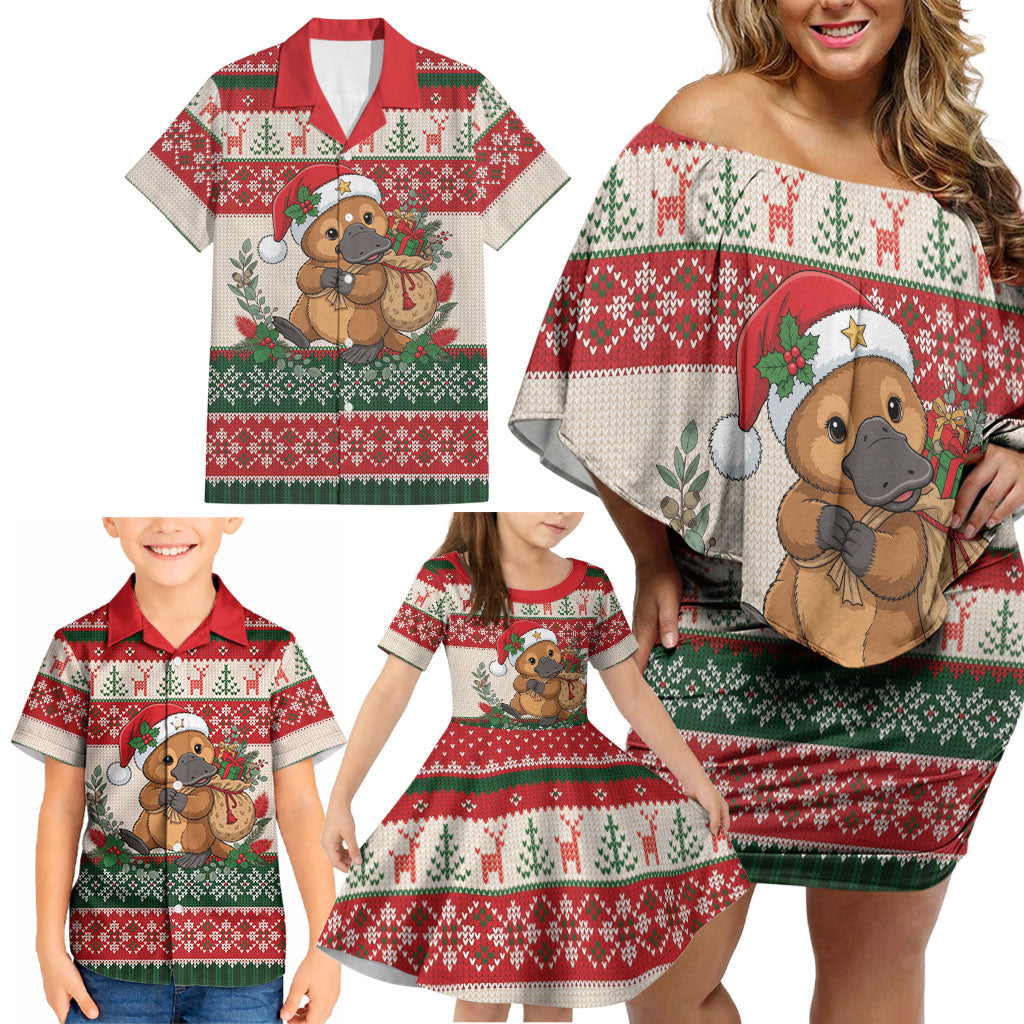 Aussie Platypus Christmas Family Matching Off Shoulder Short Dress and Hawaiian Shirt Festive Knitted Pattern Inspired