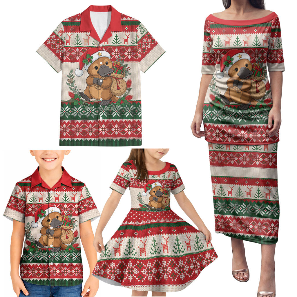 Aussie Platypus Christmas Family Matching Puletasi and Hawaiian Shirt Festive Knitted Pattern Inspired