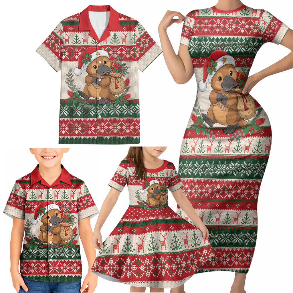 Aussie Platypus Christmas Family Matching Short Sleeve Bodycon Dress and Hawaiian Shirt Festive Knitted Pattern Inspired