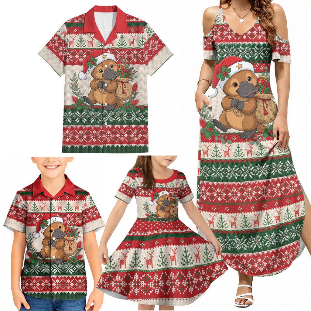 Aussie Platypus Christmas Family Matching Summer Maxi Dress and Hawaiian Shirt Festive Knitted Pattern Inspired