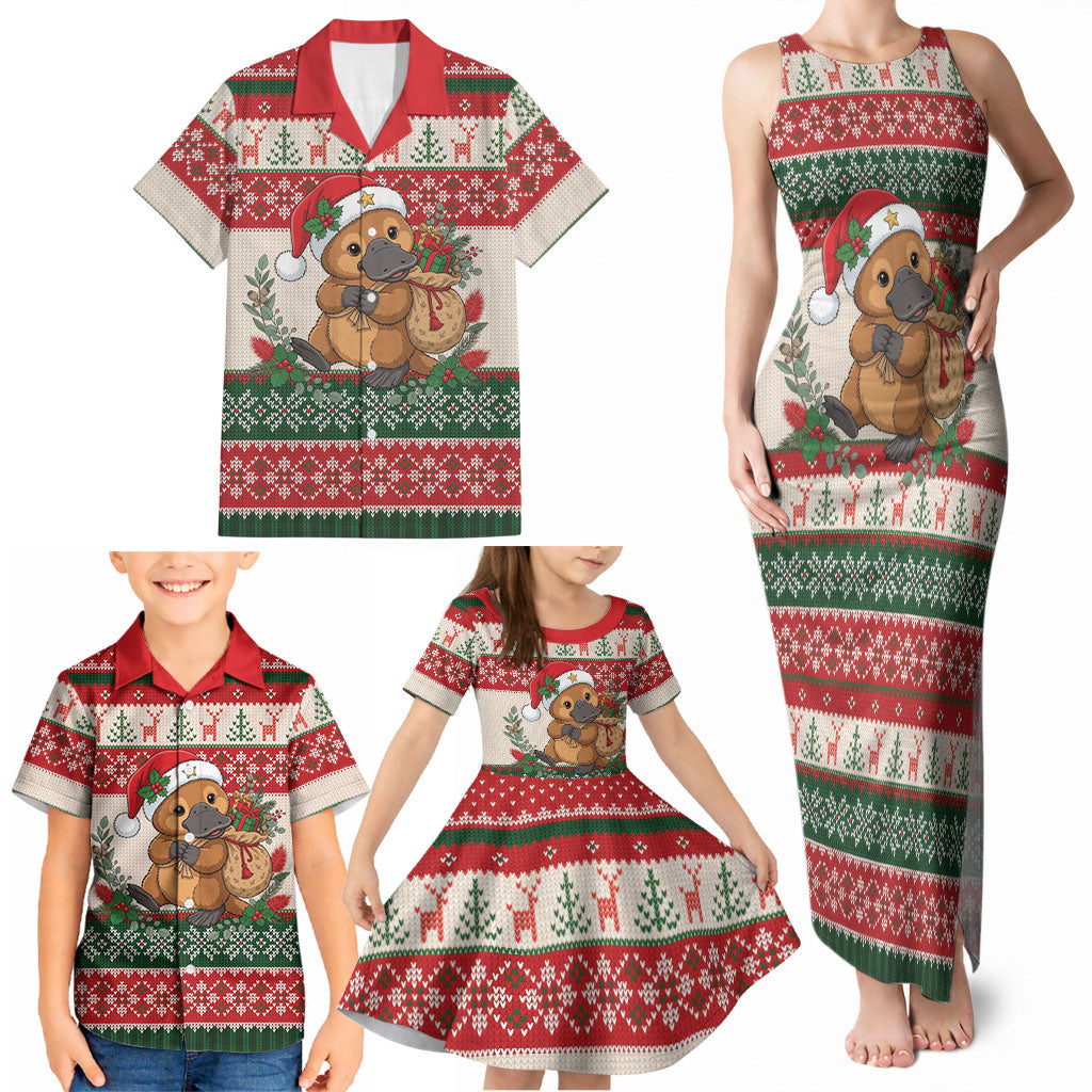 Aussie Platypus Christmas Family Matching Tank Maxi Dress and Hawaiian Shirt Festive Knitted Pattern Inspired