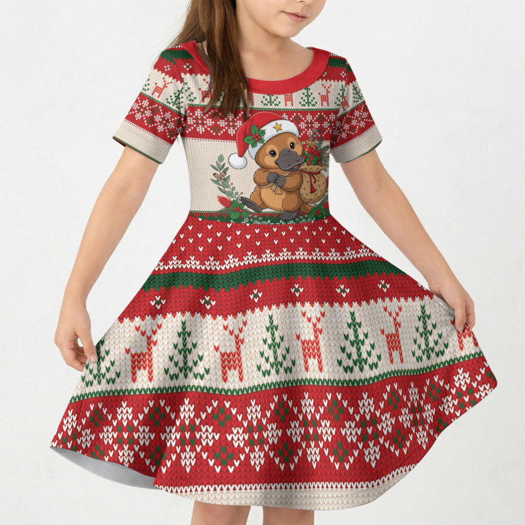 Aussie Platypus Christmas Kid Short Sleeve Dress Festive Knitted Pattern Inspired