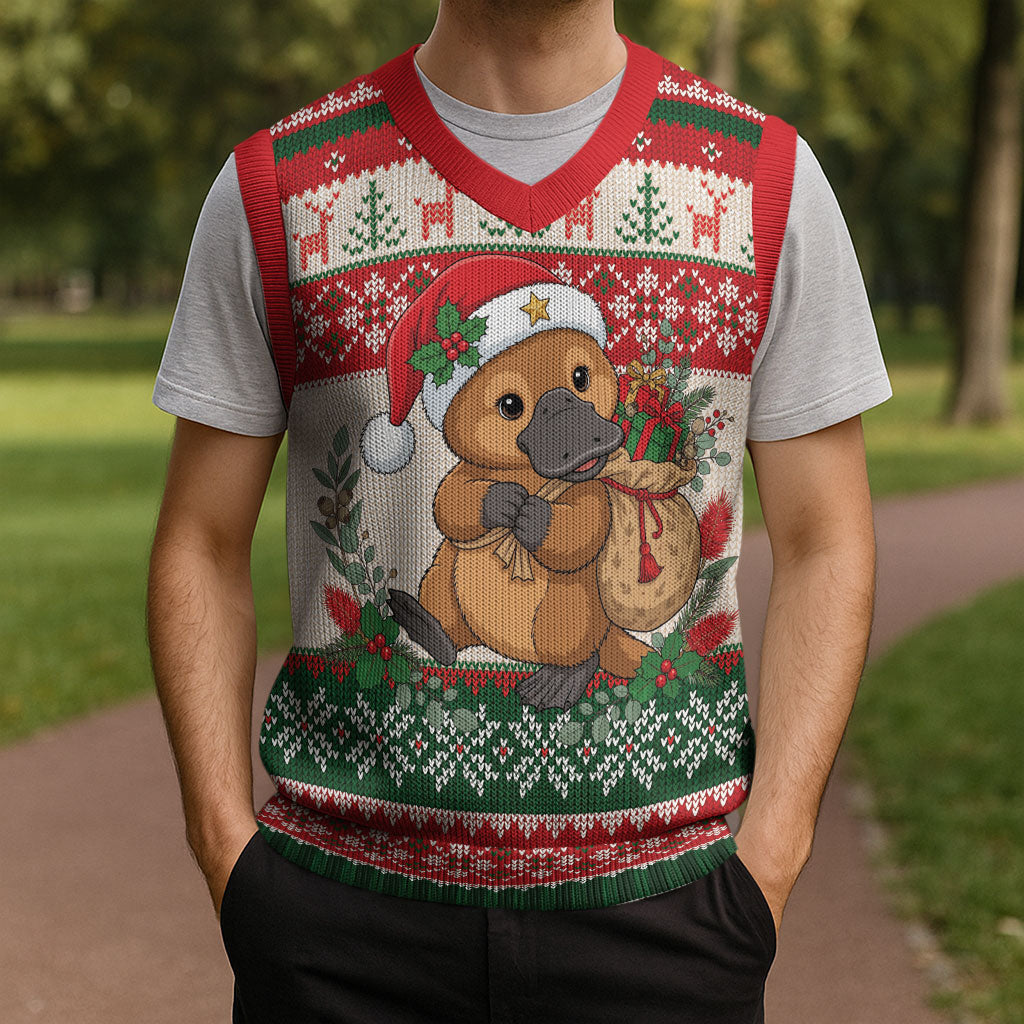 Aussie Platypus Christmas Knitted V-Neck Vest Festive Knitted Pattern Inspired